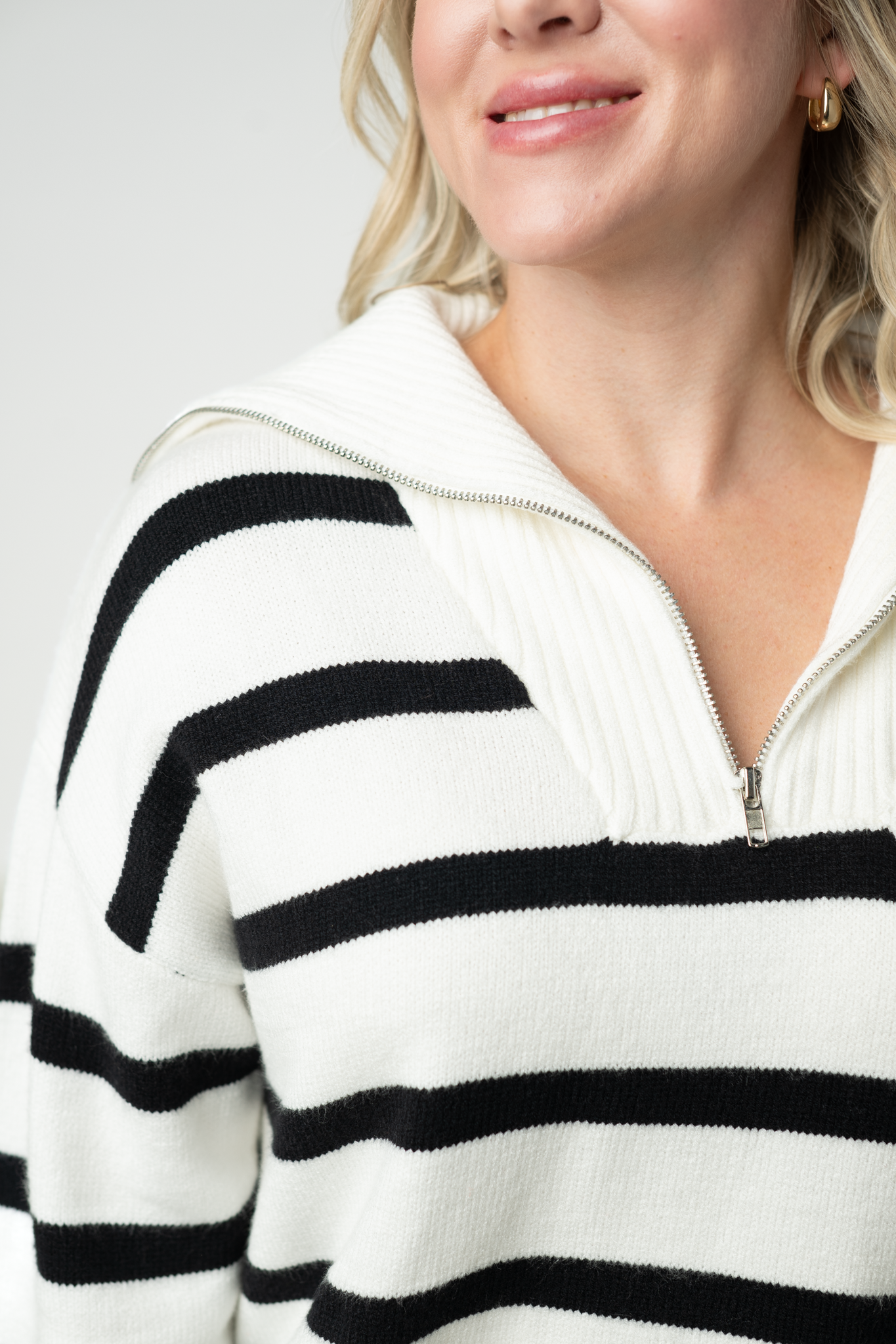 Michelle Mae Quarter Zip Striped Pullover - Black and White