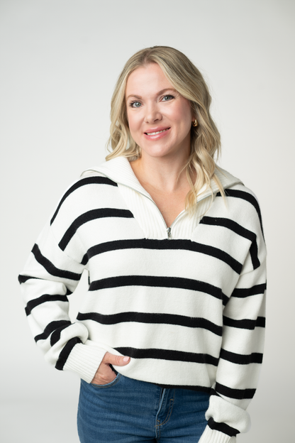 Michelle Mae Quarter Zip Striped Pullover - Black and White