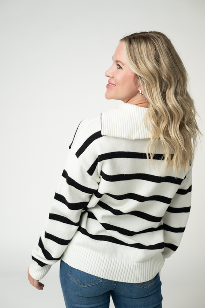 Michelle Mae Quarter Zip Striped Pullover - Black and White