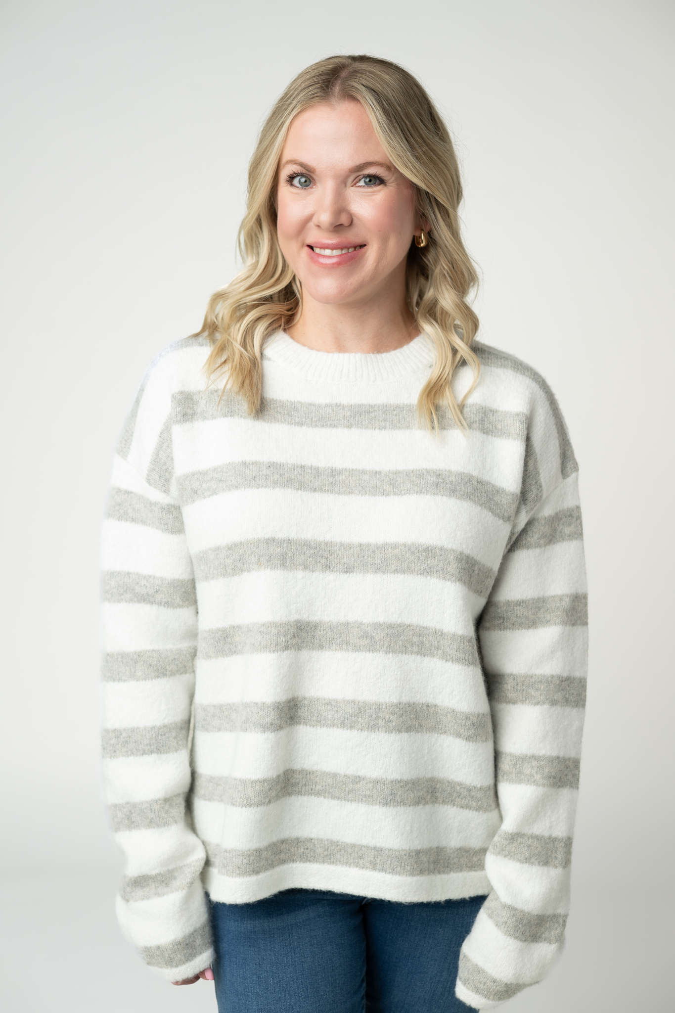 Michelle Mae Cozy Stripe Sweater - Grey and White