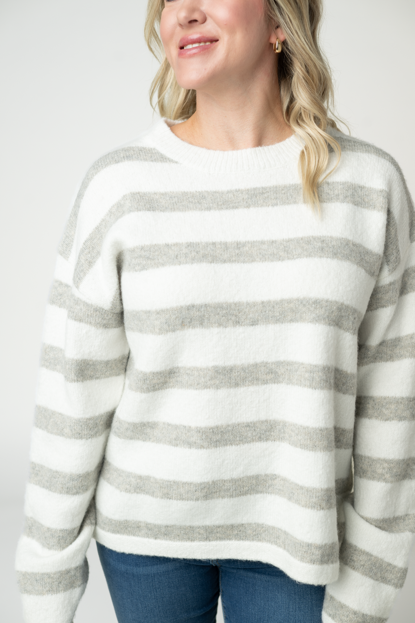 Michelle Mae Cozy Stripe Sweater - Grey and White