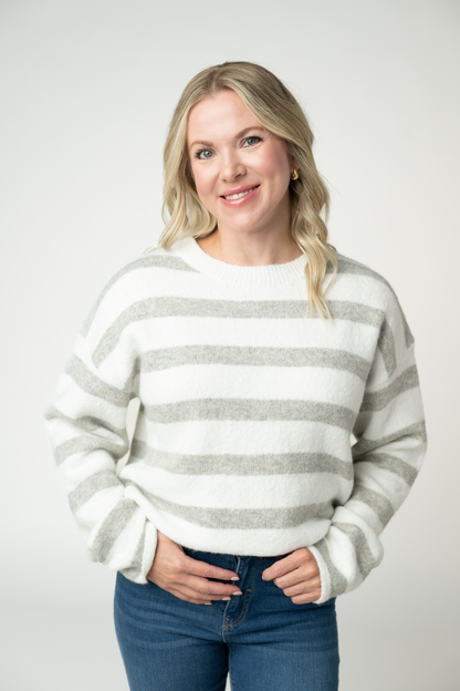 Michelle Mae Cozy Stripe Sweater - Grey and White