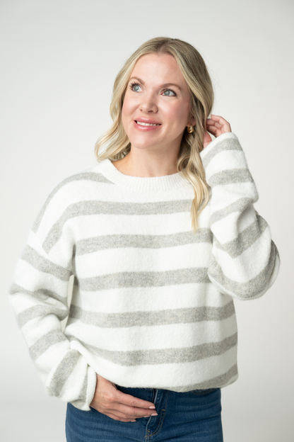 Michelle Mae Cozy Stripe Sweater - Grey and White