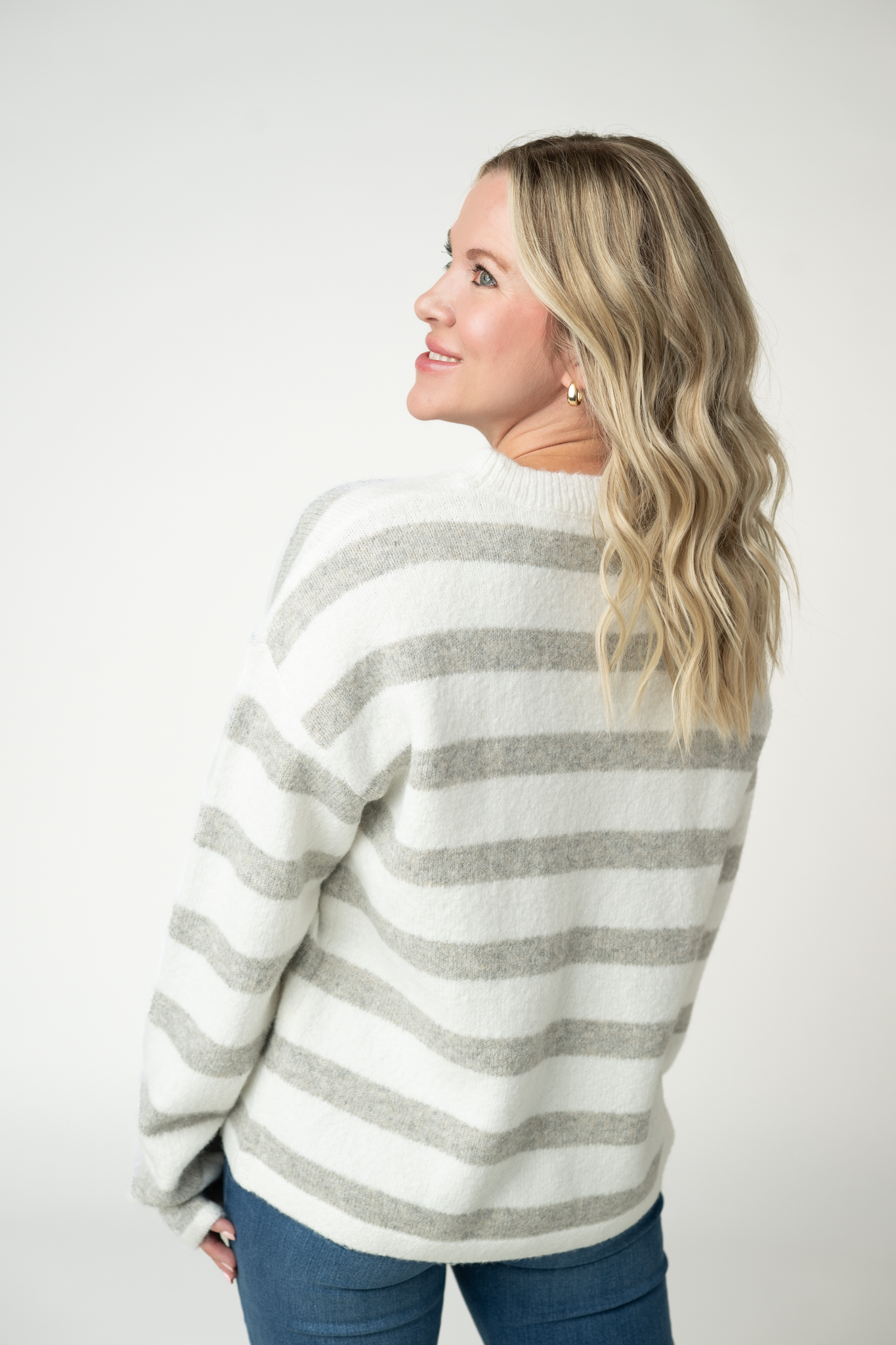 Michelle Mae Cozy Stripe Sweater - Grey and White