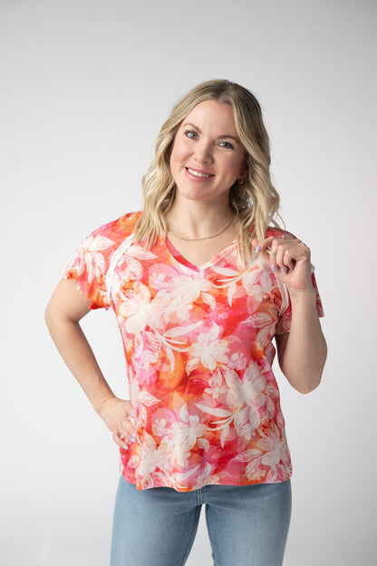 Michelle Mae Raelynn V-Neck Top - Sunset Tropical Floral