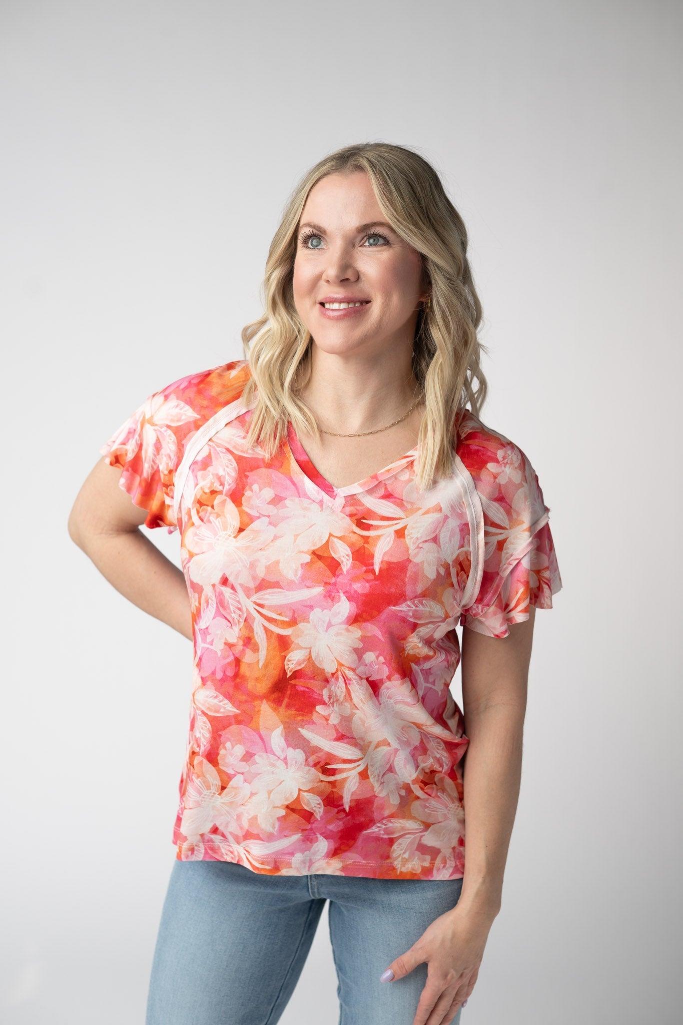 Michelle Mae Raelynn V-Neck Top - Sunset Tropical Floral