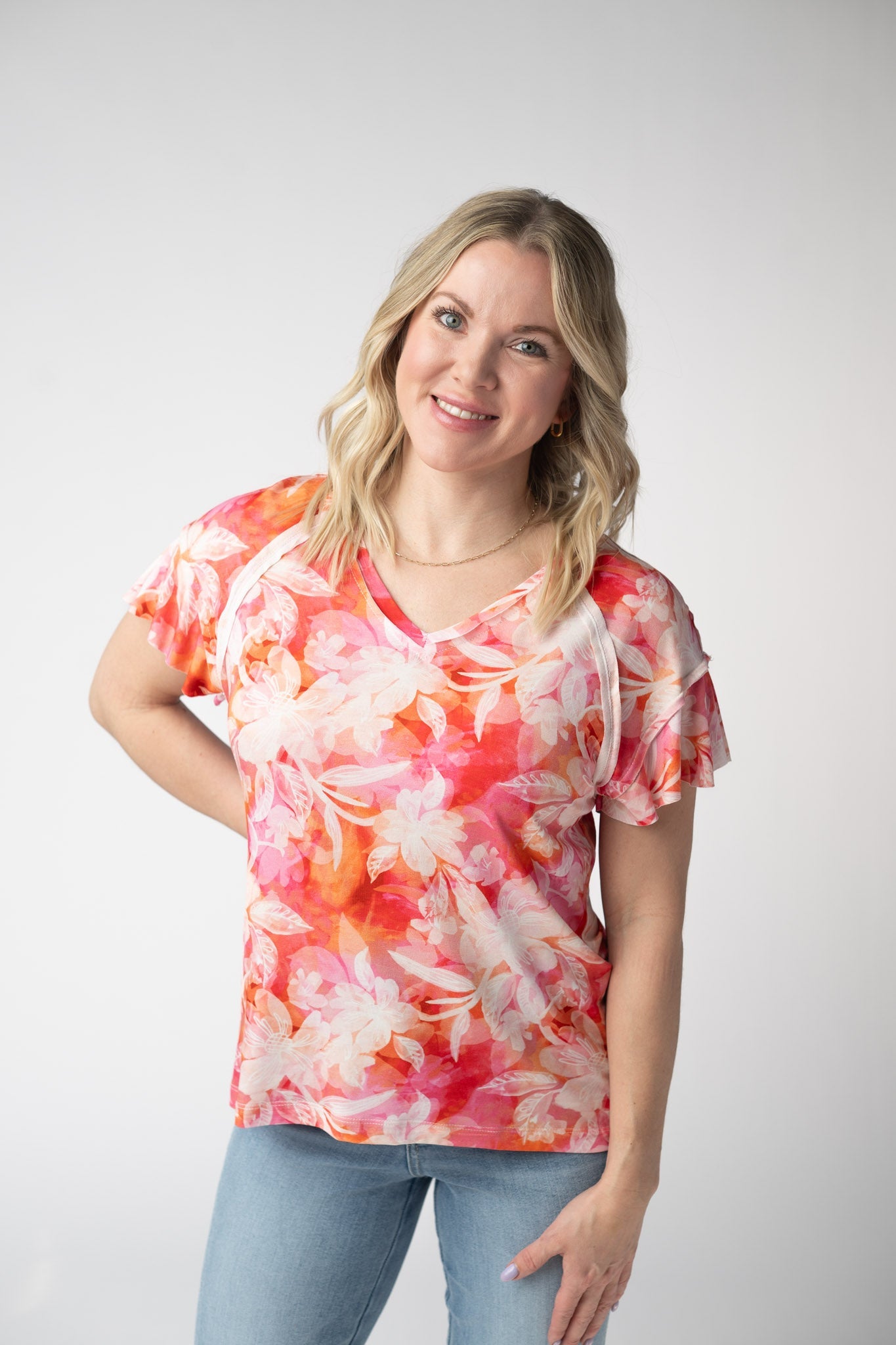 Michelle Mae Raelynn V-Neck Top - Sunset Tropical Floral
