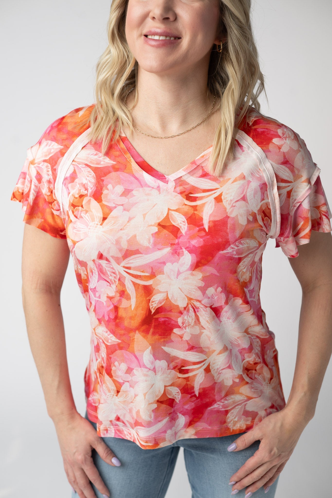 Michelle Mae Raelynn V-Neck Top - Sunset Tropical Floral
