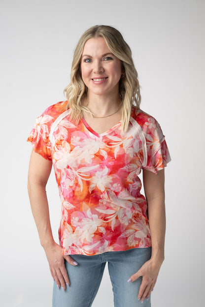 Michelle Mae Raelynn V-Neck Top - Sunset Tropical Floral