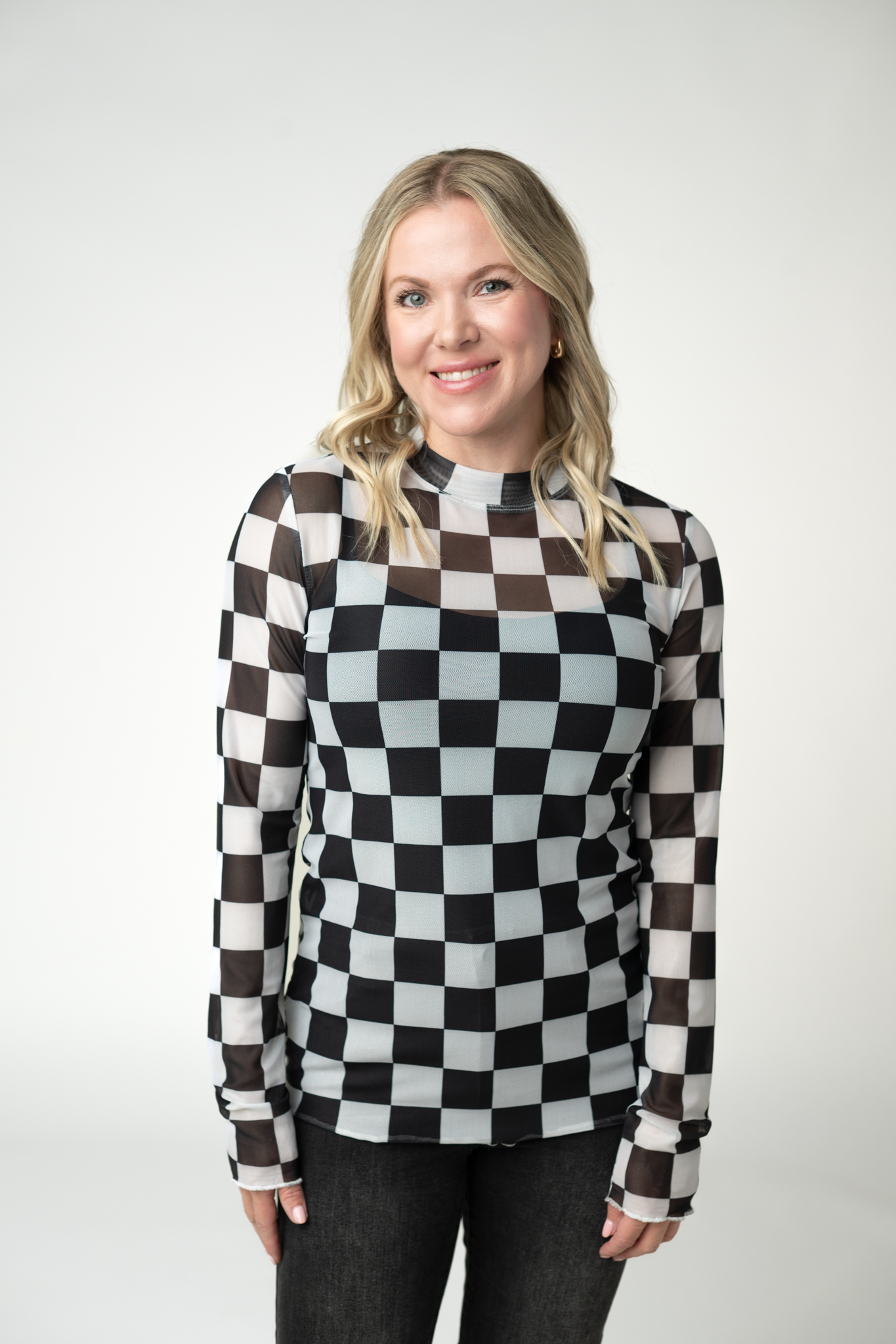 Michelle Mae Blair Mesh Long Sleeve Top - Black and White Checkers
