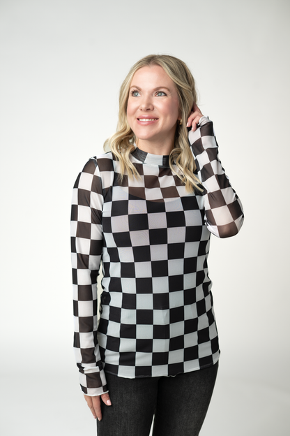 Michelle Mae Blair Mesh Long Sleeve Top - Black and White Checkers