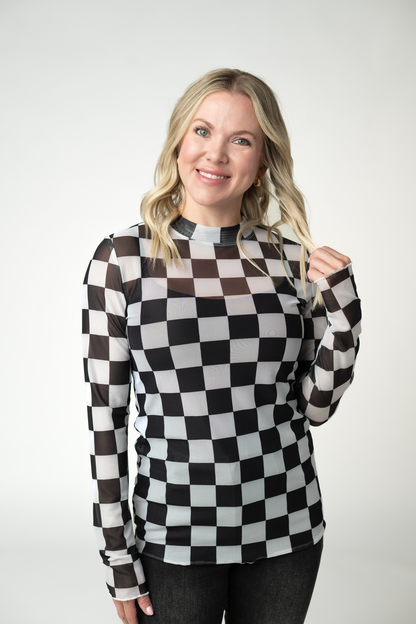 Michelle Mae Blair Mesh Long Sleeve Top - Black and White Checkers