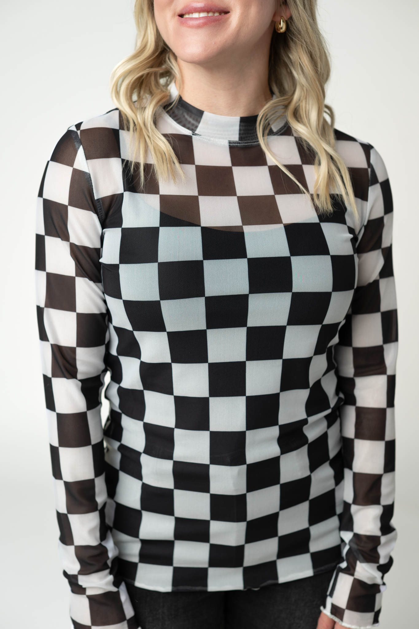 Michelle Mae Blair Mesh Long Sleeve Top - Black and White Checkers