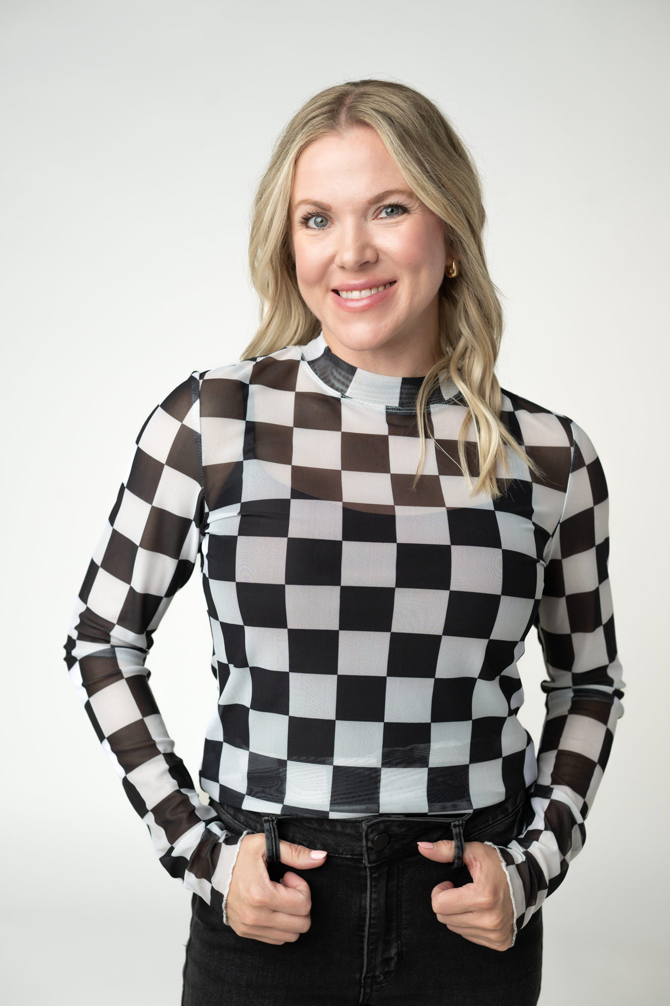 Michelle Mae Blair Mesh Long Sleeve Top - Black and White Checkers