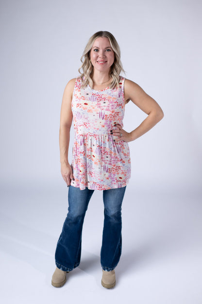 Michelle Mae Renee Ruffle Tank Top - Coral Sunset Floral