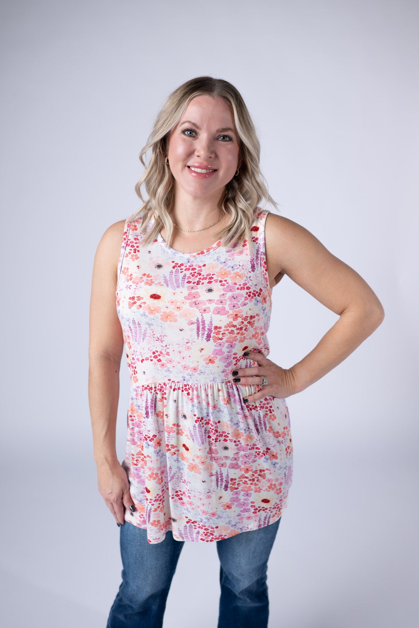 Michelle Mae Renee Ruffle Tank Top - Coral Sunset Floral
