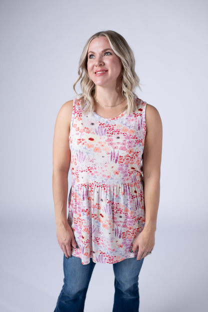 Michelle Mae Renee Ruffle Tank Top - Coral Sunset Floral
