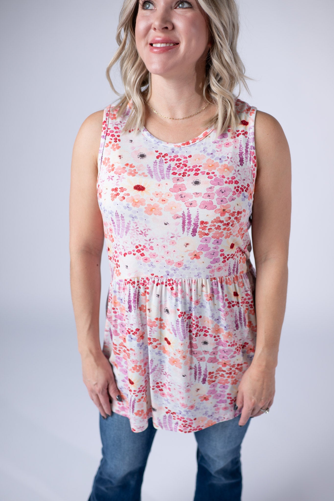 Michelle Mae Renee Ruffle Tank Top - Coral Sunset Floral