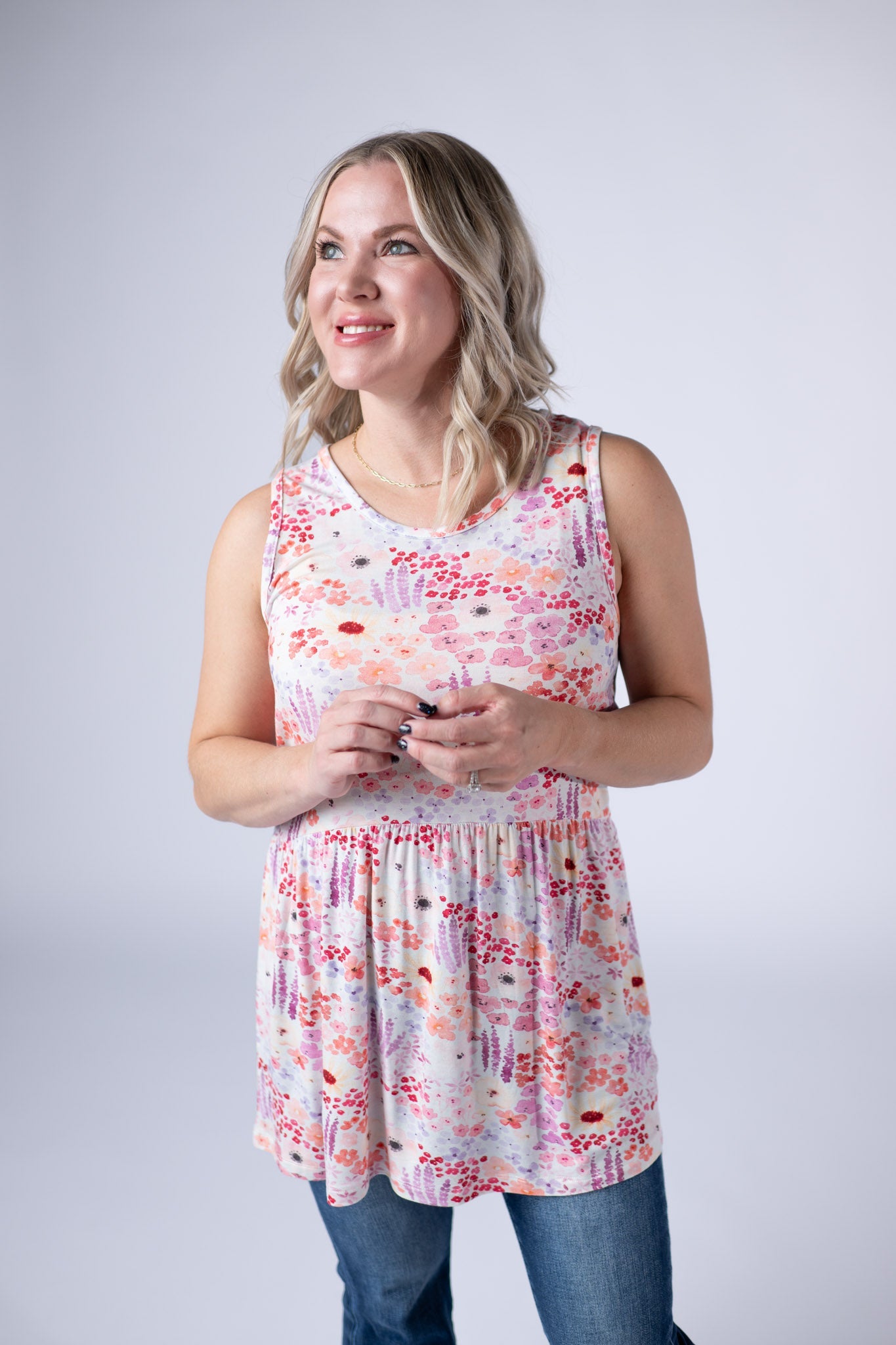 Michelle Mae Renee Ruffle Tank Top - Coral Sunset Floral