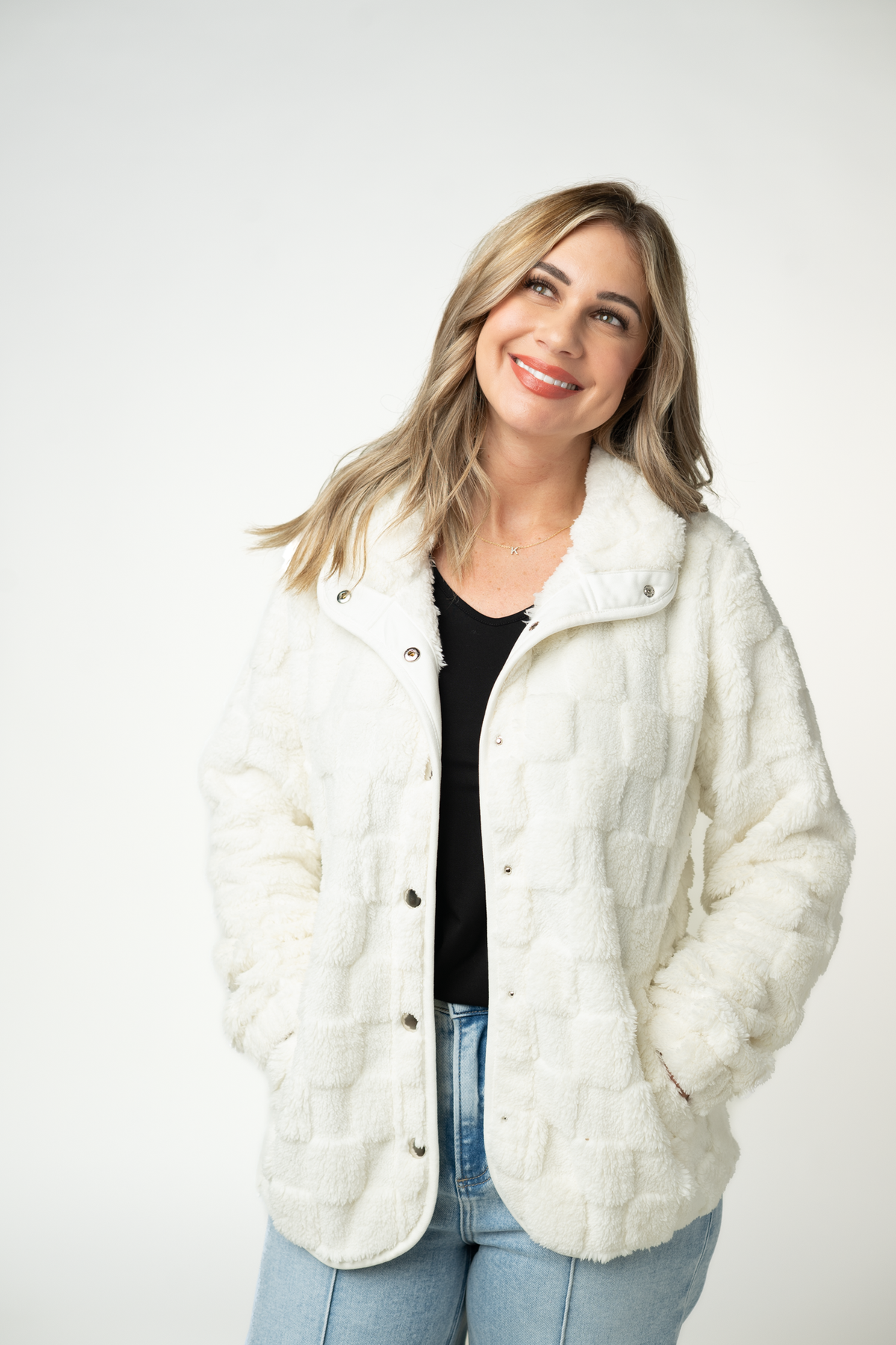 Michelle Mae Checkered Snap Sherpa - Ivory