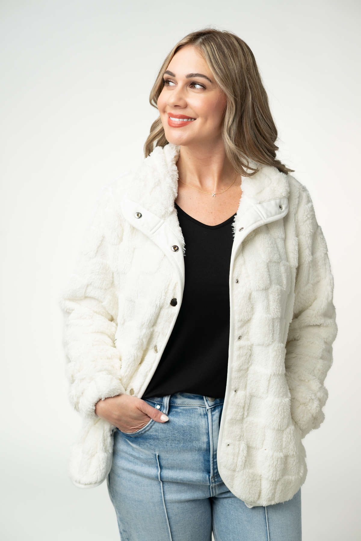 Michelle Mae Checkered Snap Sherpa - Ivory