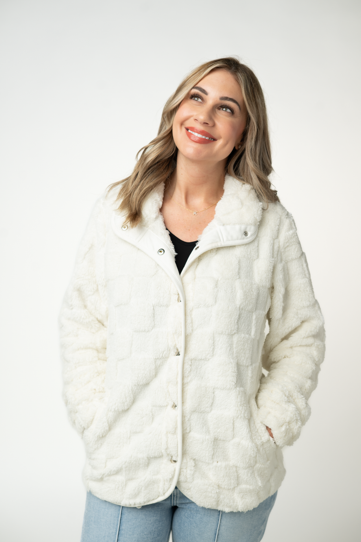 Michelle Mae Checkered Snap Sherpa - Ivory