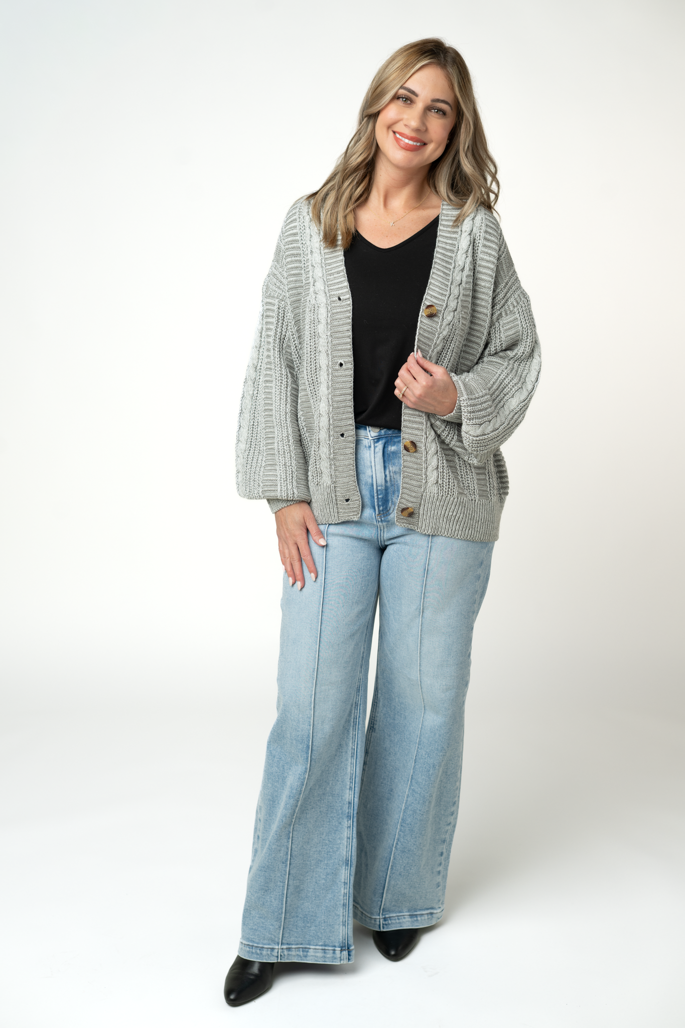 Michelle Mae Cable Cardigan - Grey