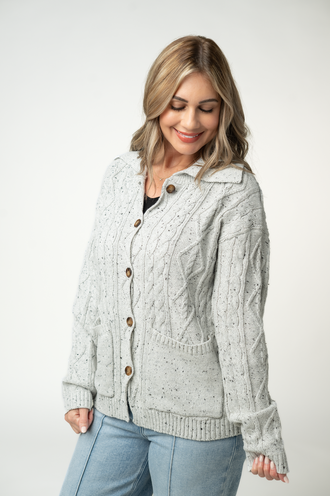 Michelle Mae Confetti Dot Cable Cardigan Jacket - Grey