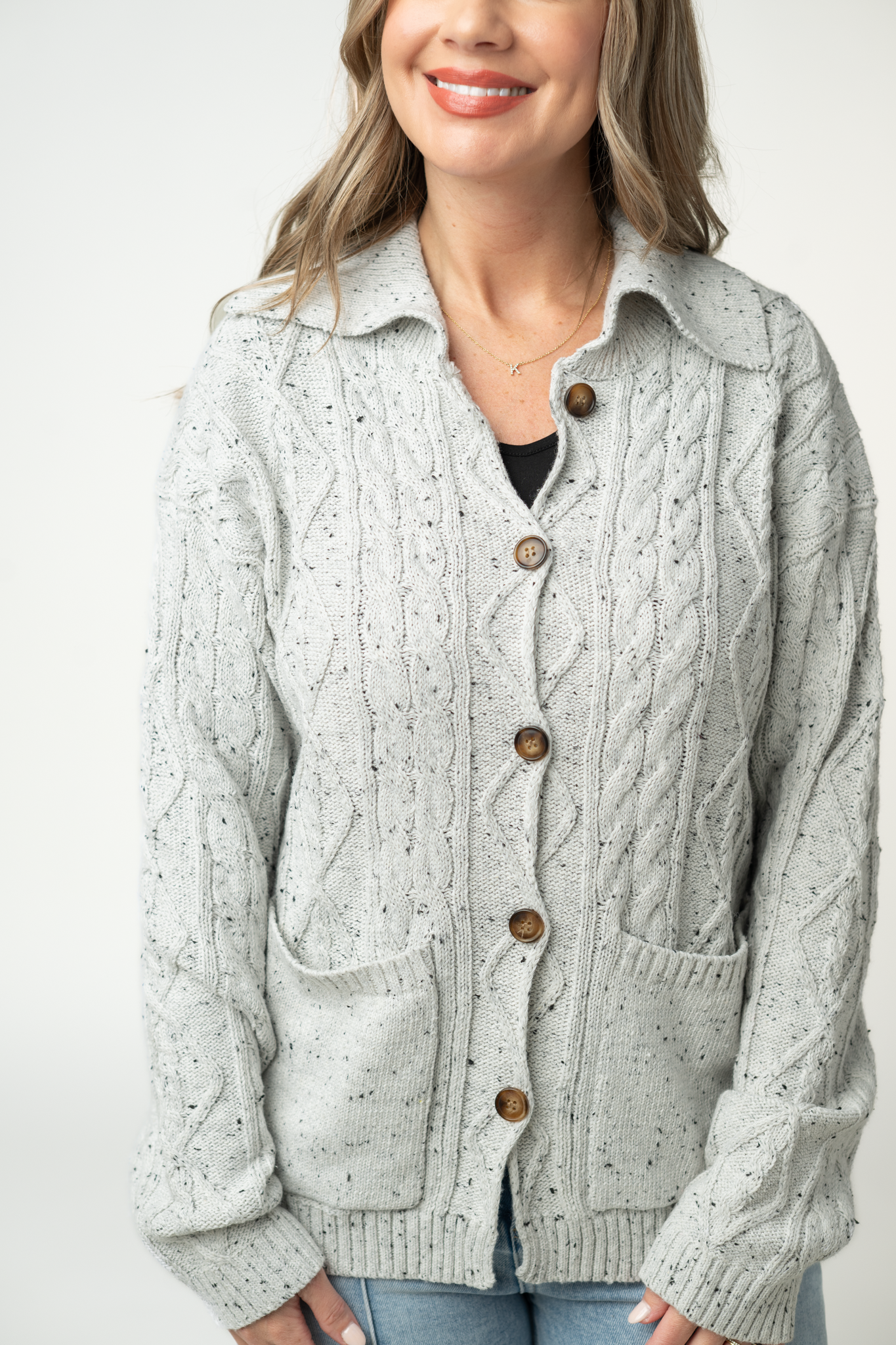 Michelle Mae Confetti Dot Cable Cardigan Jacket - Grey