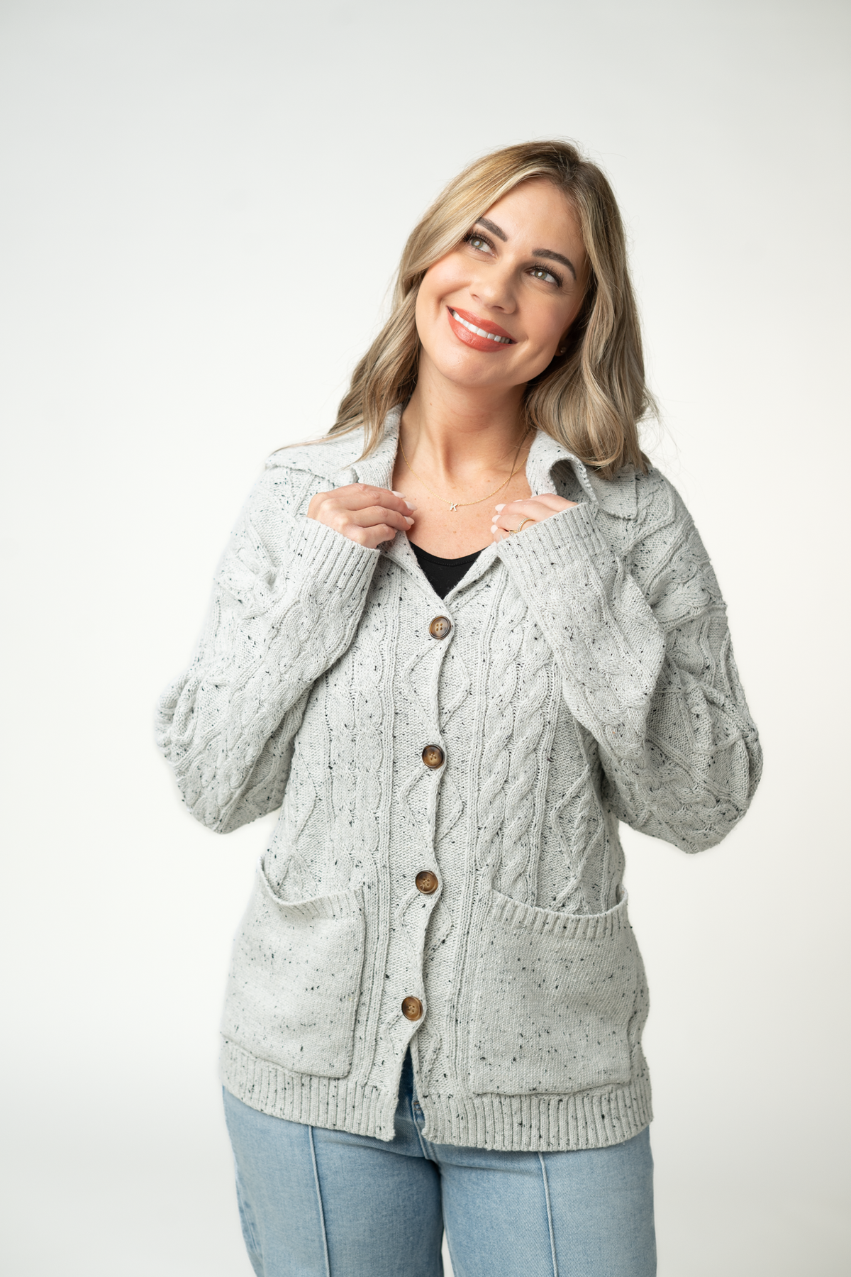 Michelle Mae Confetti Dot Cable Cardigan Jacket - Grey