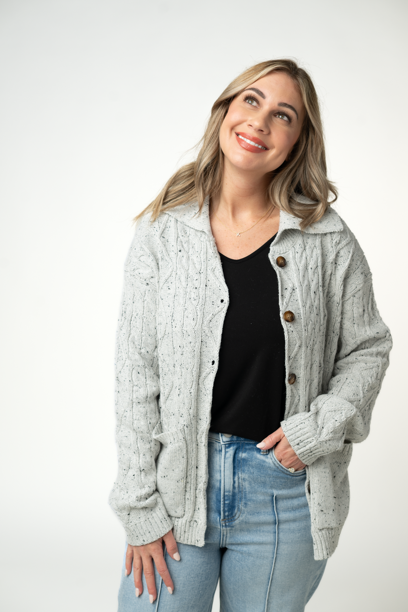 Michelle Mae Confetti Dot Cable Cardigan Jacket - Grey