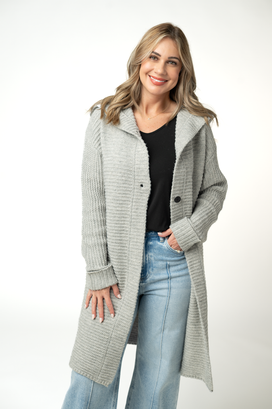 Michelle Mae Lillian Long Hooded Cardigan - Grey