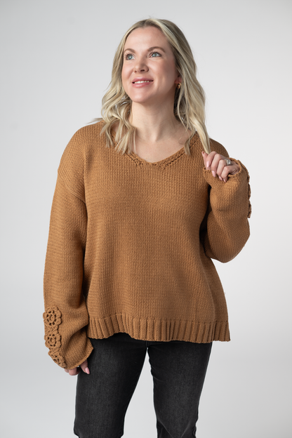 PREORDER Michelle Mae Crochet Sleeve Top - Camel