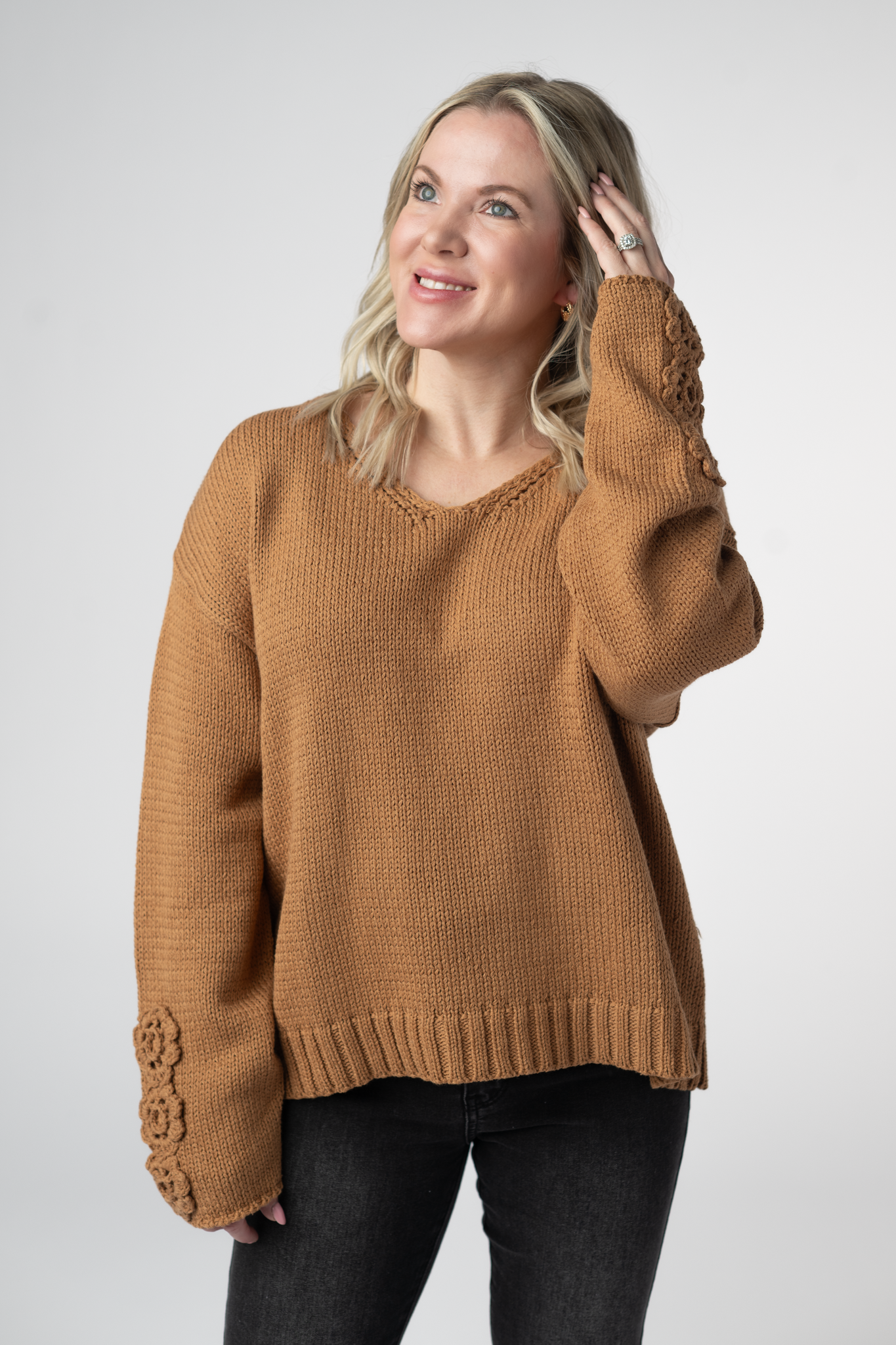 PREORDER Michelle Mae Crochet Sleeve Top - Camel