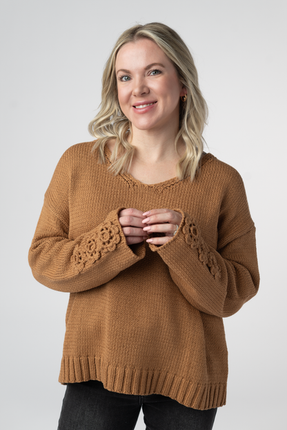 PREORDER Michelle Mae Crochet Sleeve Top - Camel