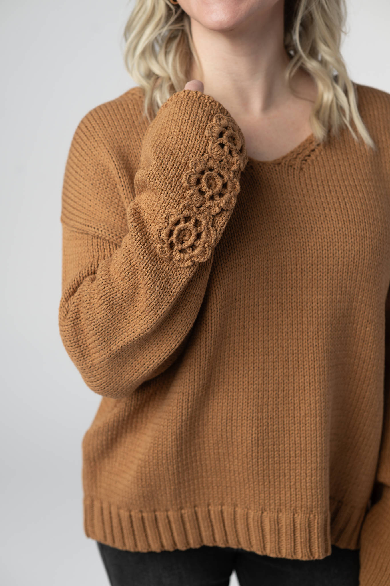 PREORDER Michelle Mae Crochet Sleeve Top - Camel