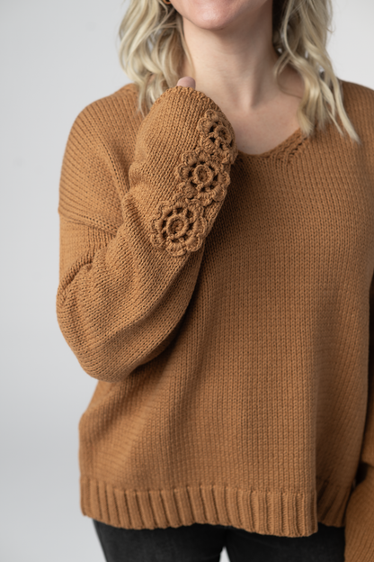 PREORDER Michelle Mae Crochet Sleeve Top - Camel
