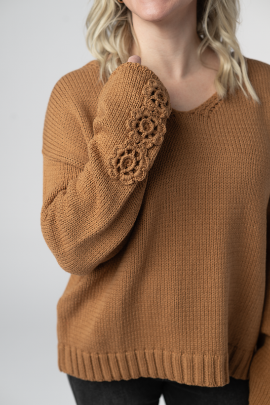 PREORDER Michelle Mae Crochet Sleeve Top - Camel