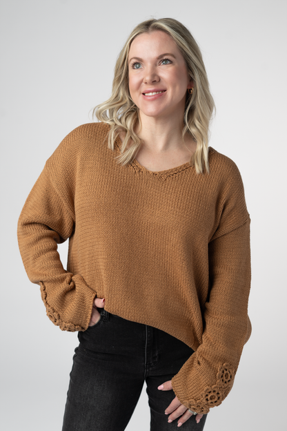 PREORDER Michelle Mae Crochet Sleeve Top - Camel