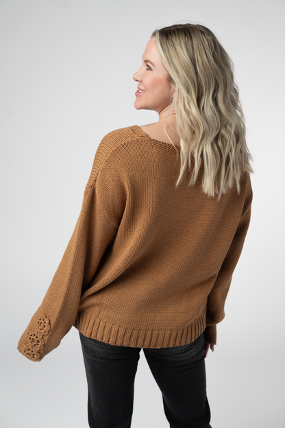 PREORDER Michelle Mae Crochet Sleeve Top - Camel