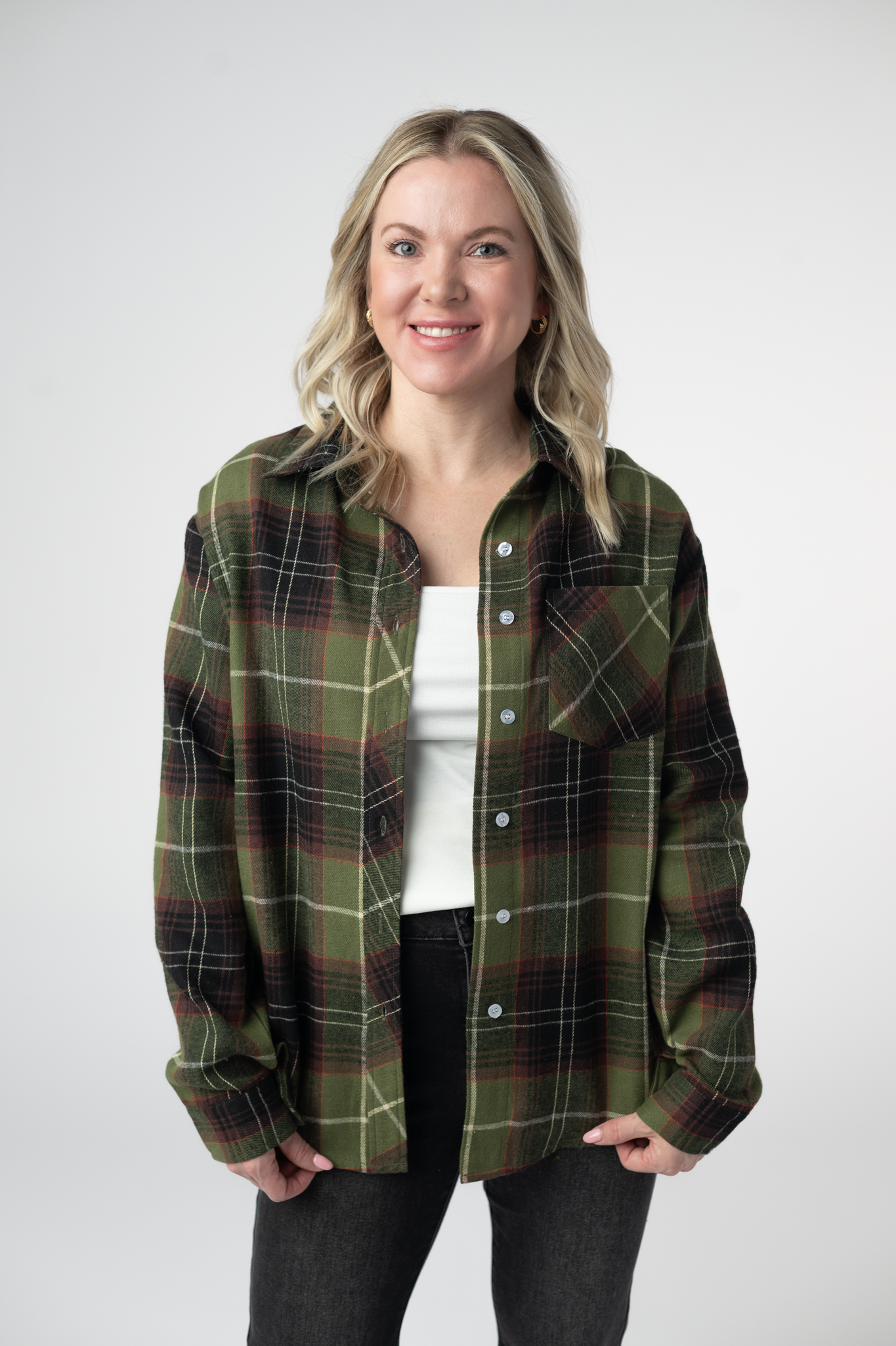 Michelle Mae  Finley Plaid Top - Olive and Brown