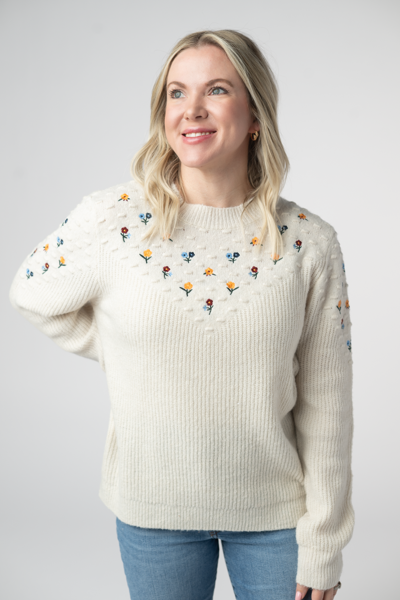 Michelle Mae Micro Flower Sweater - Ivory