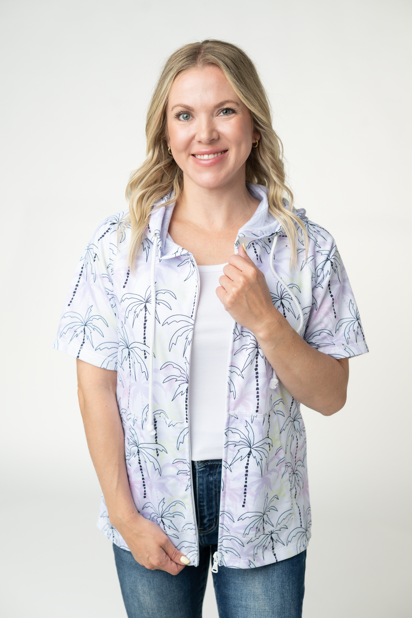 Michelle Mae Short Sleeve Hoodie - Neon Palm Trees