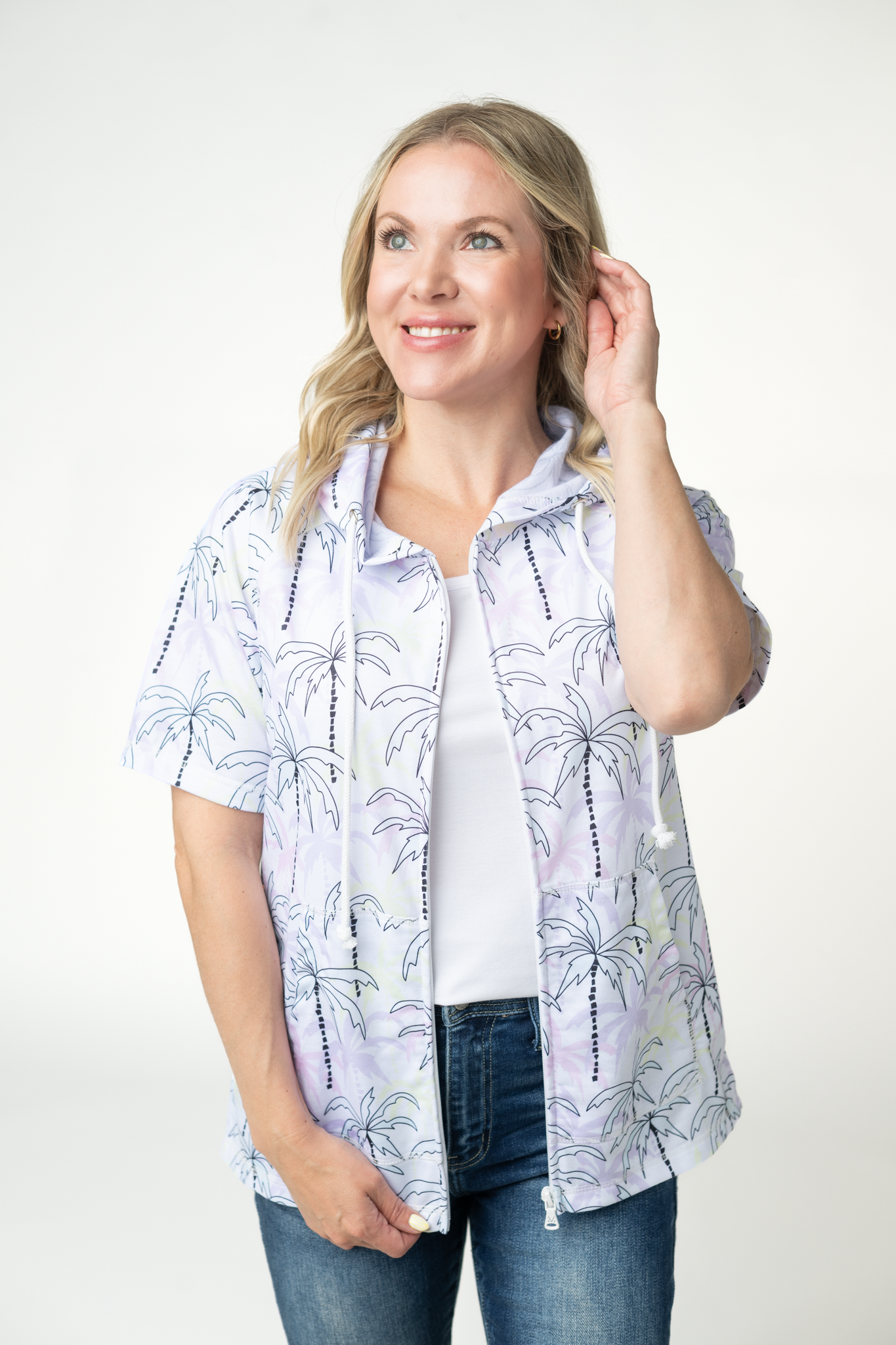 Michelle Mae Short Sleeve Hoodie - Neon Palm Trees