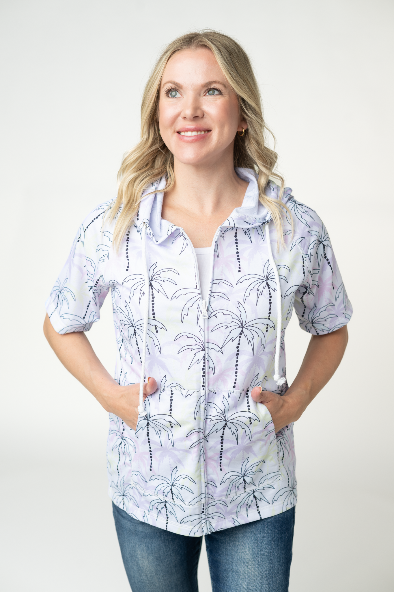Michelle Mae Short Sleeve Hoodie - Neon Palm Trees