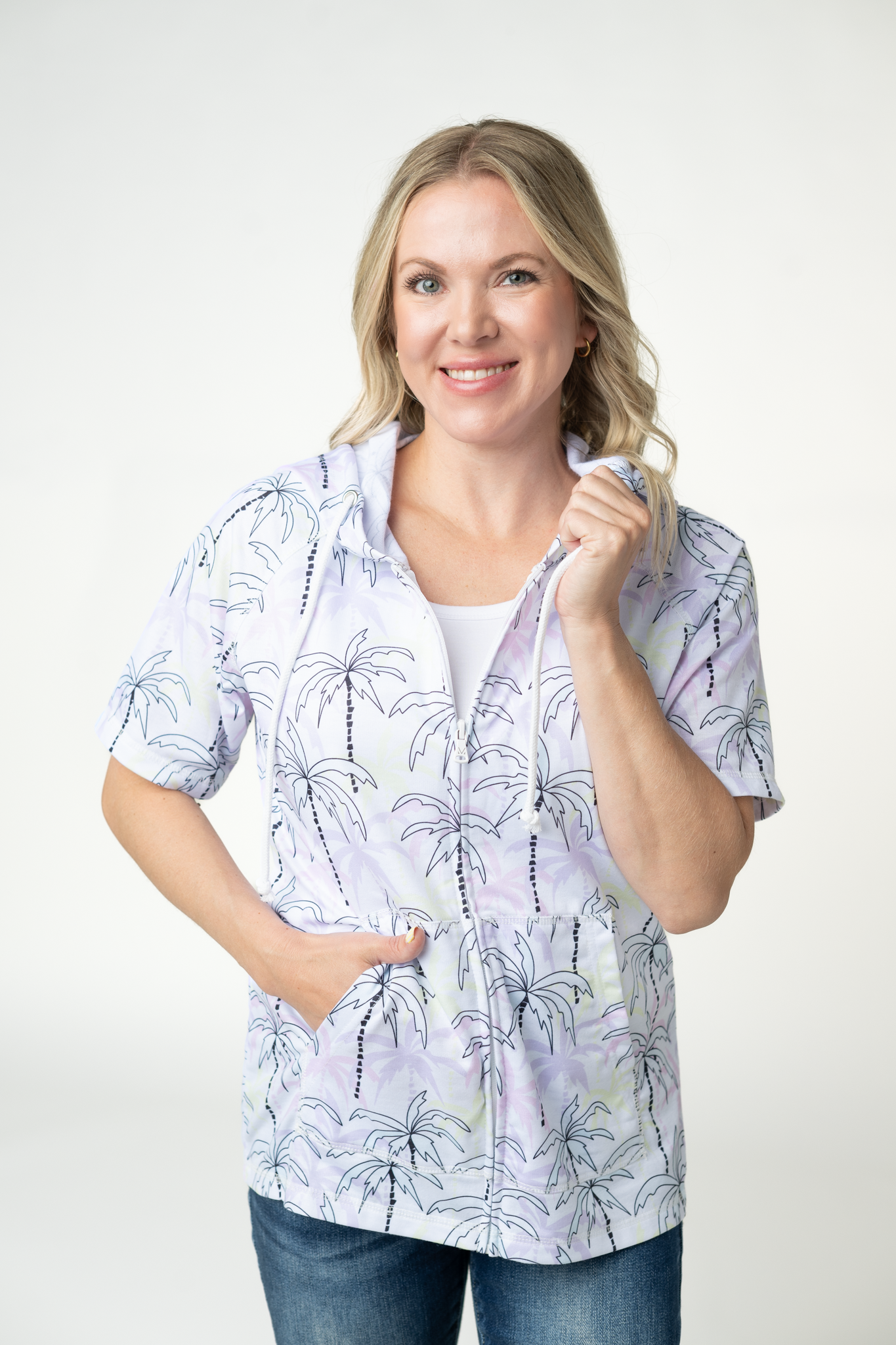 Michelle Mae Short Sleeve Hoodie - Neon Palm Trees