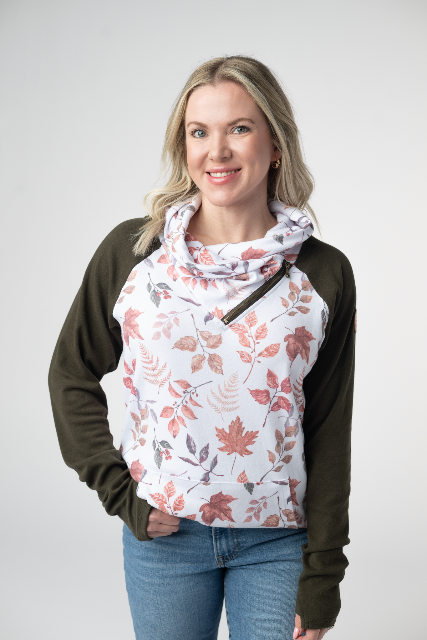 Michelle Mae Classic Zoey ZipCowl Sweatshirt - Autumn Leaves and Olive