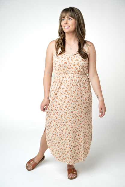 Michelle Mae Reagan Ribbed Midi Dress - Sand and Rust Floral