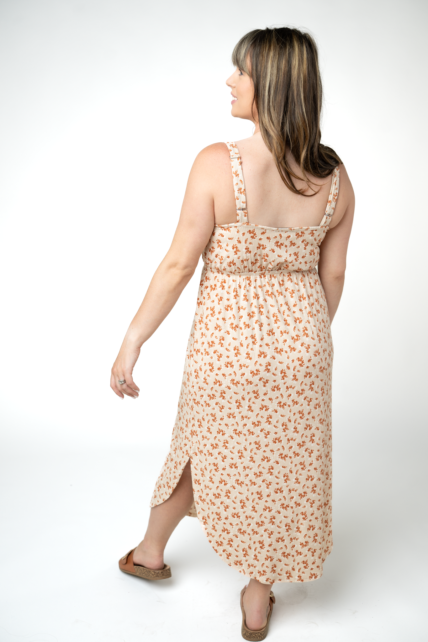 Michelle Mae Reagan Ribbed Midi Dress - Sand and Rust Floral