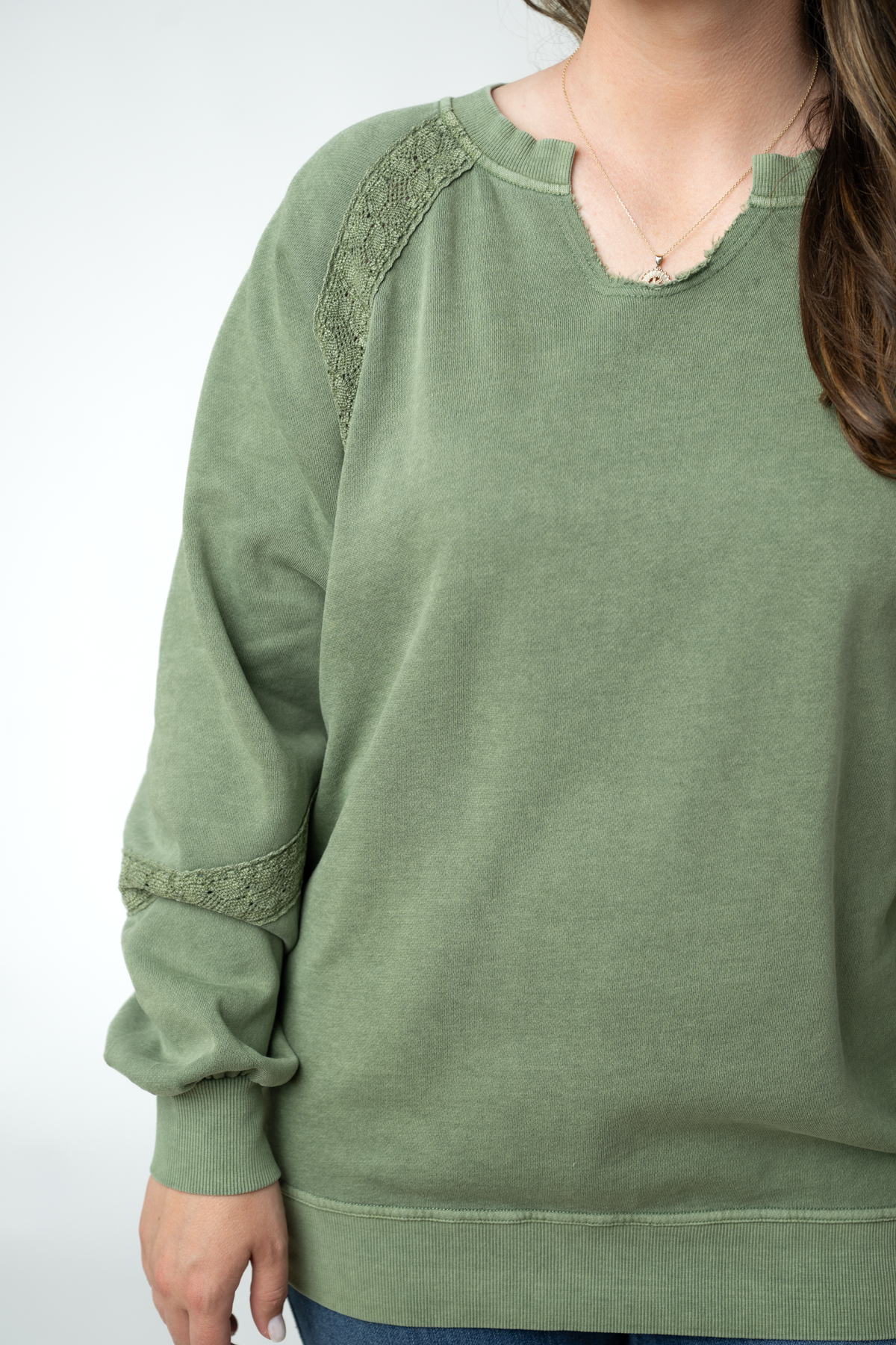 Michelle Mae Lace Accent Vintage Wash Pullover - Olive